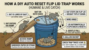 An illustration showing how an Auto Reset Flip Lid Trap for rats works