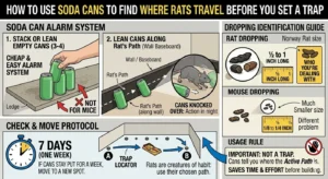 An illustration showing How to Use Soda Cans to Find Where Rats Travel