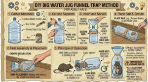 An illustration showing how a Big Water Jug Funnel Trap for Adult Rats works
