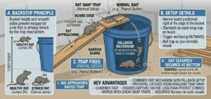 An illustration showing how a Bucket as a Snap Trap Backstop works