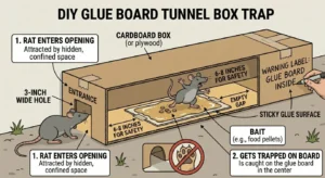 An illustration showing how a Cardboard Box Enclosure glue trap for rats works