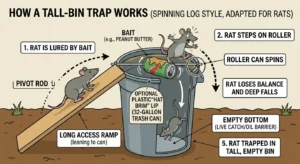 An illustration showing how a Classic Spinning Soda Can Trap for Rats works