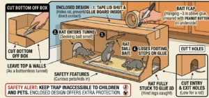 An illustration showing how a Covered Tunnel Box glue trap for rats works