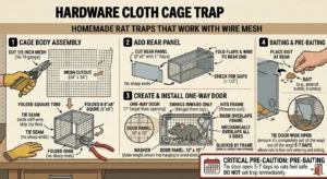 An illustration showing how a Hardware Cloth Cage Trap With a One-Way Door for rats works