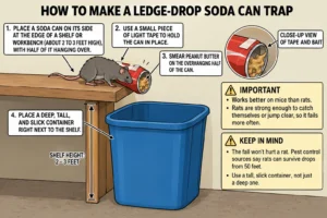 An illustration showing how a Ledge-Drop Soda Can Trap for rats works