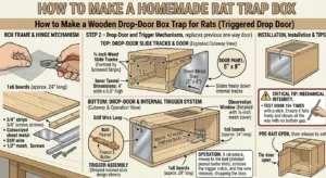 An illustration showing how a Simple Box Trap With a One-Way Swing Door for rats works