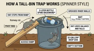 An illustration showing how a Spinning Bottle Trap Over a Deep Bucket for rats works