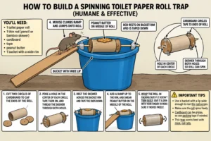 An illustration showing how a Spinning Toilet Paper Roll Trap for mice works