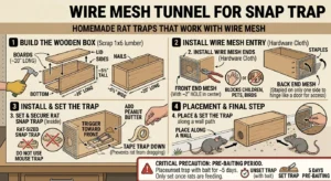 An illustration showing how a Wire Mesh Tunnel for a Snap Trap for rats works