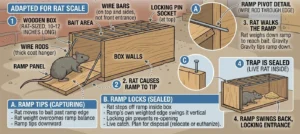 An illustration showing how a Wooden Box Trap for rats works