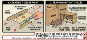 An illustration showing how a cardboard guide glue trap for rats works