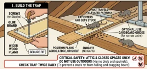 An illustration showing how a glue board on a plank trap for roof rats works