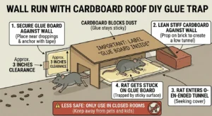 An illustration showing how a wall run with cardboard roof glue trap for rats works