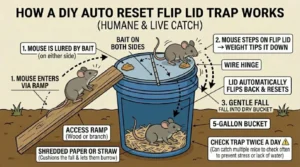 An illustration showing how an Auto Reset Flip Lid Trap for mice works