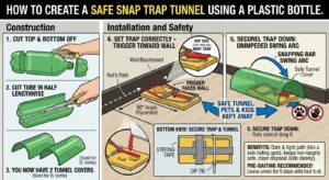 An illustration showing howT urn a Cut Bottle Into a Safe Tunnel for a Snap Trap for rats