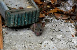 House mouse on concrete pavement in the backyard 0