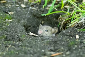 House mouse peeking out of its hole